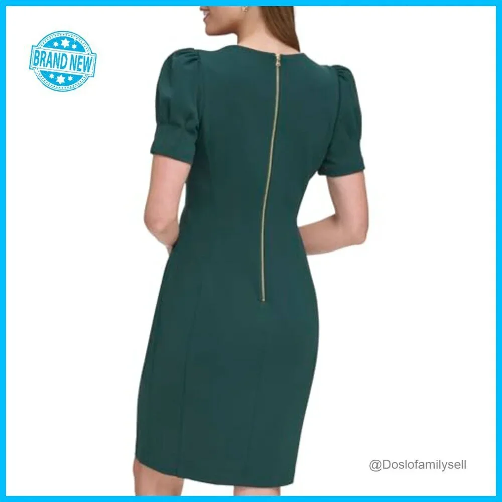 Puff Sleeve A-Line Dress Elegant Chic Zipper Back Slim Fit Polyester - Picture 4 of 5